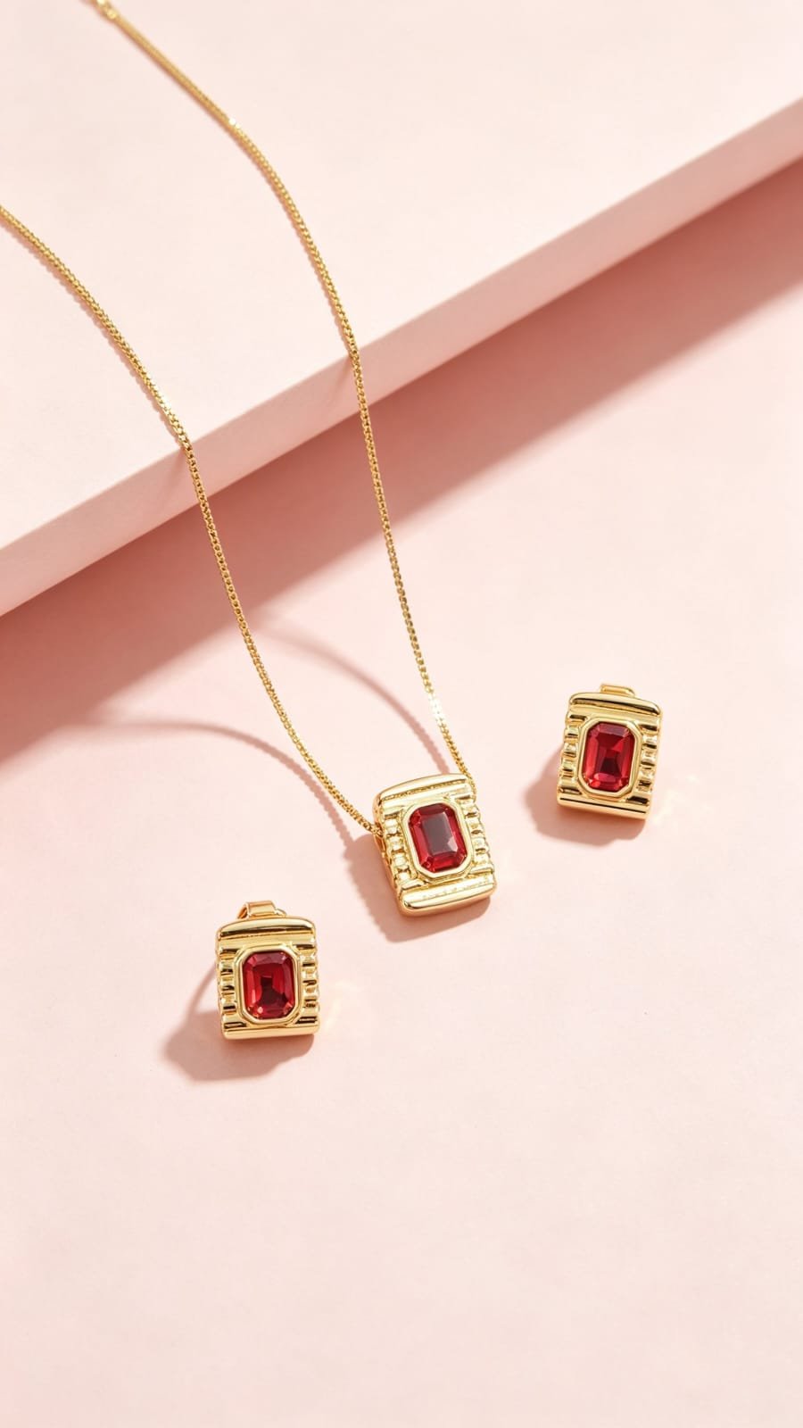 Conjunto Colar e Brinco Zircônia Retangular Rosa com Moldura